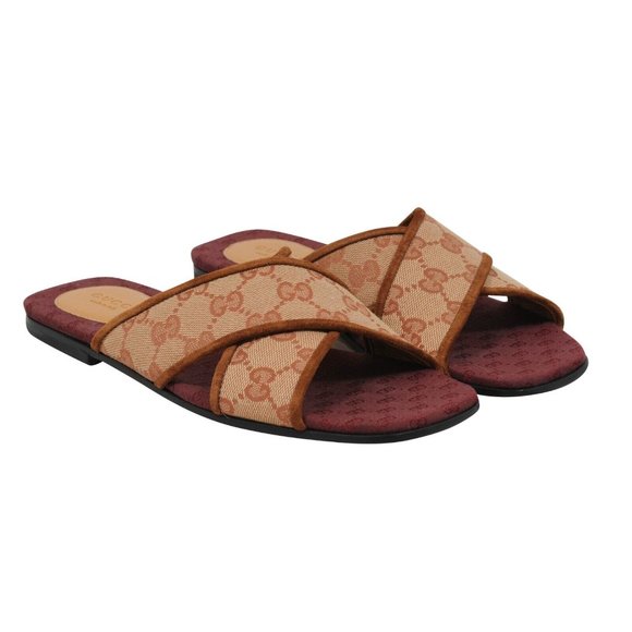 Gucci Women Senior Ruggine Cross Strap Sandals 36.5 US6.5 Red Brown Canvas Slide - Picture 1 of 9